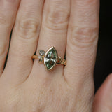 1.82ct Green Untreated Montana Marquise Sapphire in Wandering Vine Low Profile Bezel Setting with Pear Diamond in 14k Yellow Gold