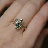 1.82ct Green Untreated Montana Marquise Sapphire in Wandering Vine Low Profile Bezel Setting with Pear Diamond in 14k Yellow Gold