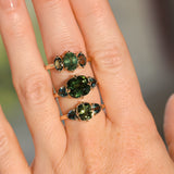 1.53ct Untreated Australian Oval Sapphire and Parti Oval Three Stone Low Profile Six Prong Ring in 14k Yellow Gold