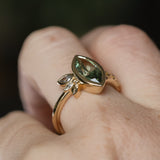 1.82ct Green Untreated Montana Marquise Sapphire in Wandering Vine Low Profile Bezel Setting with Pear Diamond in 14k Yellow Gold