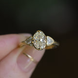 1.50ct Modern Old Mine Cut Oval Diamond Three Stone Ring with Trillion Side Diamonds Compass Set Low Profile Milgrain Antique Ring in 18K Yellow Gold