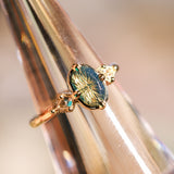 1.45ct Parti Australian Fantasy Cut Sapphire and White Australian Kite Sapphire Antique Milgrain Three Stone Low Profile Ring in 18k Yellow Gold