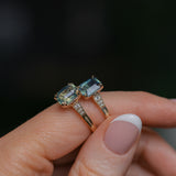 1.88ct Radiant Cut Parti Madagascar Sapphire and Diamond Vintage Cathedral Double Prong Ring in 14k Yellow Gold