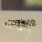 4.08ct Cushion Cut Green Madagascar Sapphire and Trillion Australian Sapphire Antique Compass Set Low Profile Ring in 14k Yellow Gold