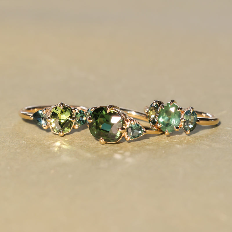 4.08ct Cushion Cut Green Madagascar Sapphire and Trillion Australian Sapphire Antique Compass Set Low Profile Ring in 14k Yellow Gold