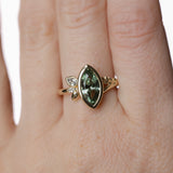 1.82ct Green Untreated Montana Marquise Sapphire in Wandering Vine Low Profile Bezel Setting with Pear Diamond in 14k Yellow Gold