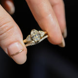 1.50ct Modern Old Mine Cut Oval Diamond Three Stone Ring with Trillion Side Diamonds Compass Set Low Profile Milgrain Antique Ring in 18K Yellow Gold