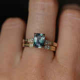 1.88ct Radiant Cut Parti Madagascar Sapphire and Diamond Vintage Cathedral Double Prong Ring in 14k Yellow Gold