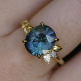 4.20ct Oval Blue Madagascar Sapphire in Wandering Vine Low Profile 4 Prong Setting with Diamonds in 18k Yellow Gold