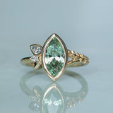 1.82ct Green Untreated Montana Marquise Sapphire in Wandering Vine Low Profile Bezel Setting with Pear Diamond in 14k Yellow Gold