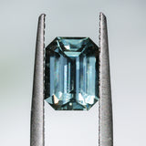 2.10CT MADAGASCAR EMERALD CUT SAPPHIRE, MINTY BLUE GREEN WITH GREY, UNTREATED, 8.2X6.1X4.2MM