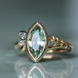 1.82ct Green Untreated Montana Marquise Sapphire in Wandering Vine Low Profile Bezel Setting with Pear Diamond in 14k Yellow Gold