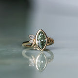 1.82ct Green Untreated Montana Marquise Sapphire in Wandering Vine Low Profile Bezel Setting with Pear Diamond in 14k Yellow Gold