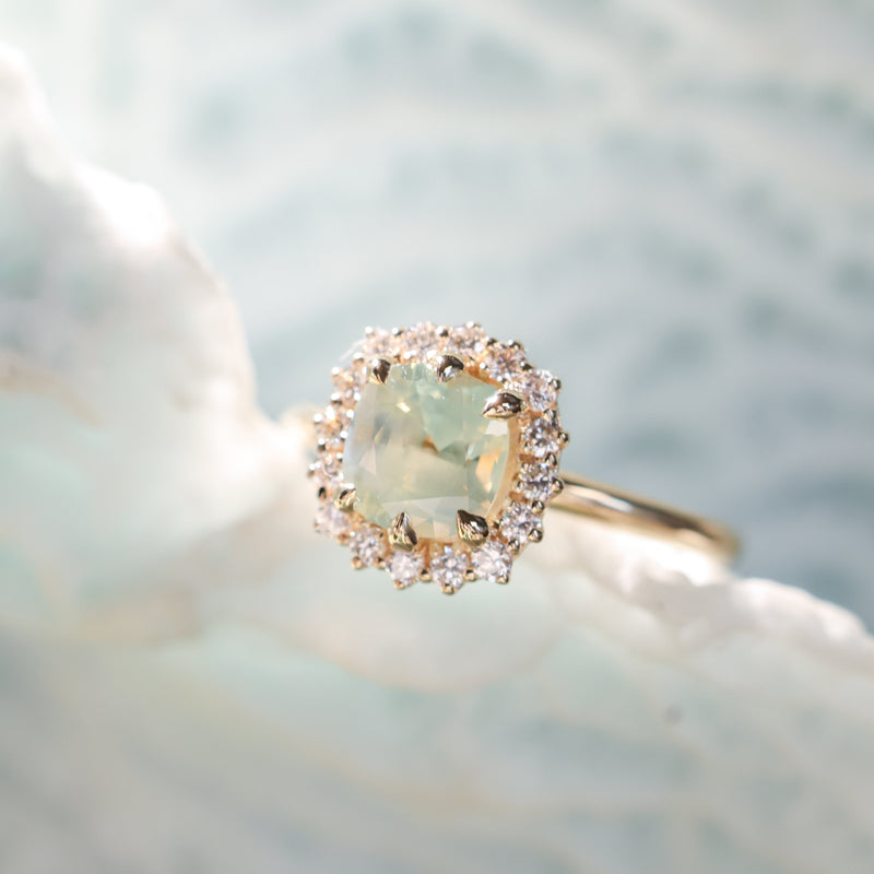 2.18ct"Old Mine Cushion" cut Silky Light Green Montana Sapphire Antique-Style Diamond Halo Ring in 14k Yellow Gold