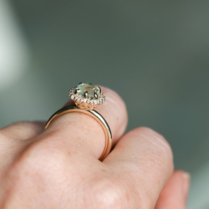 2.18ct"Old Mine Cushion" cut Silky Light Green Montana Sapphire Antique-Style Diamond Halo Ring in 14k Yellow Gold