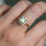 2.18ct"Old Mine Cushion" cut Silky Light Green Montana Sapphire Antique-Style Diamond Halo Ring in 14k Yellow Gold