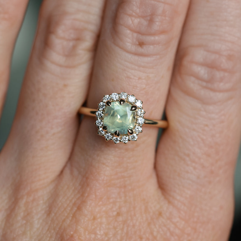 2.18ct"Old Mine Cushion" cut Silky Light Green Montana Sapphire Antique-Style Diamond Halo Ring in 14k Yellow Gold
