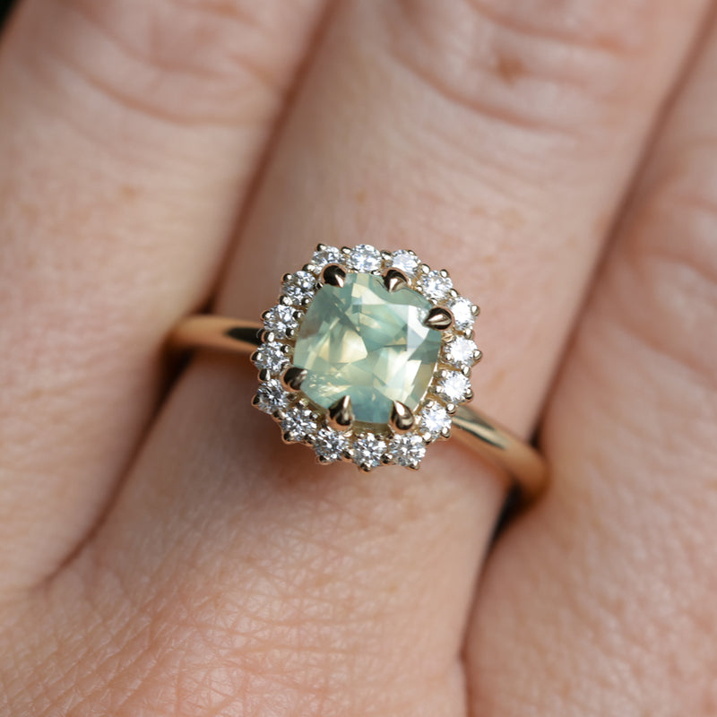 2.18ct"Old Mine Cushion" cut Silky Light Green Montana Sapphire Antique-Style Diamond Halo Ring in 14k Yellow Gold