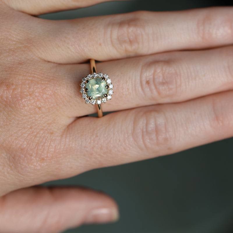 2.18ct"Old Mine Cushion" cut Silky Light Green Montana Sapphire Antique-Style Diamond Halo Ring in 14k Yellow Gold