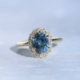 2.52ct Oval Untreated Montana Sapphire Antique-Style Diamond Halo Ring in 18k Yellow Gold