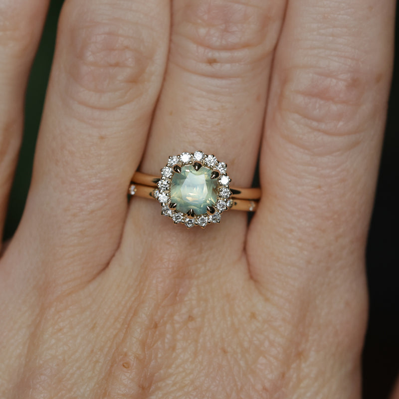 2.18ct"Old Mine Cushion" cut Silky Light Green Montana Sapphire Antique-Style Diamond Halo Ring in 14k Yellow Gold