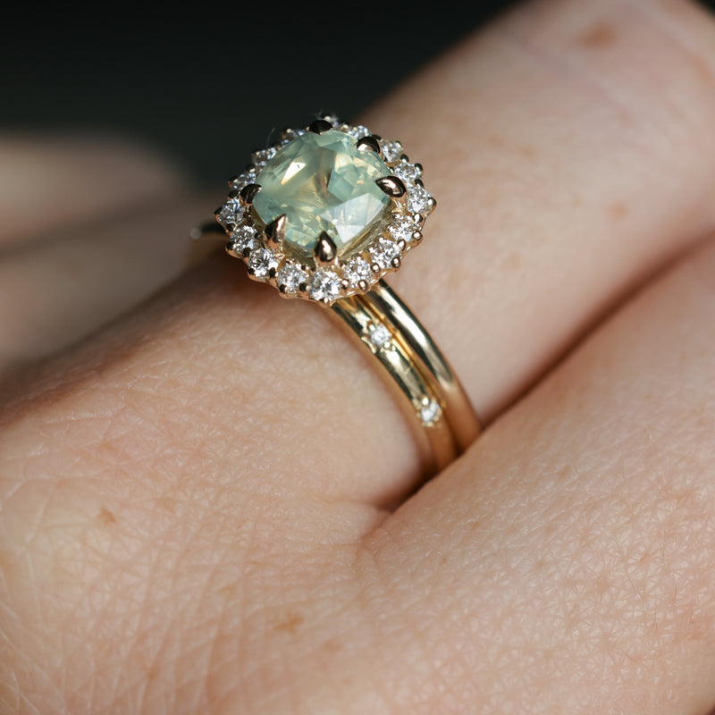 2.18ct"Old Mine Cushion" cut Silky Light Green Montana Sapphire Antique-Style Diamond Halo Ring in 14k Yellow Gold