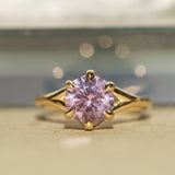 2.40ct Untreated Mauve Precision Cut Montana Sapphire Low Profile Six Prong Split Shank Solitaire in 18k Yellow Gold