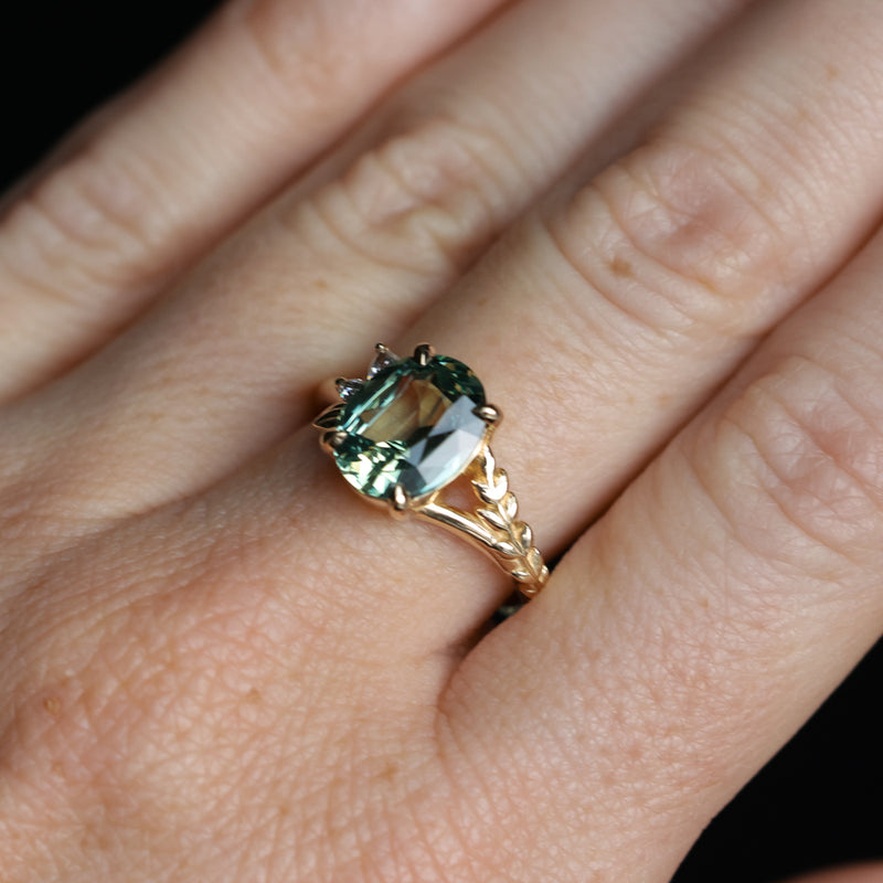 3.07ct Untreated Oval Madagascar Sapphire in Wandering Vine Low Profile 4 Prong Setting with Diamonds in 14k Yellow Gold