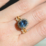 2.52ct Oval Untreated Montana Sapphire Antique-Style Diamond Halo Ring in 18k Yellow Gold