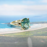 7.19ct Oval Light Teal Seafoam Madagascar Sapphire and Princess Cut Diamond Rapids Low Profile Ring in 18k Yellow Gold