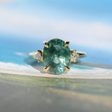7.19ct Oval Light Teal Seafoam Madagascar Sapphire and Princess Cut Diamond Rapids Low Profile Ring in 18k Yellow Gold