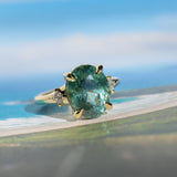7.19ct Oval Light Teal Seafoam Madagascar Sapphire and Princess Cut Diamond Rapids Low Profile Ring in 18k Yellow Gold