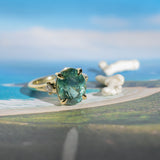 7.19ct Oval Light Teal Seafoam Madagascar Sapphire and Princess Cut Diamond Rapids Low Profile Ring in 18k Yellow Gold