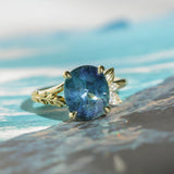 4.20ct Oval Blue Madagascar Sapphire in Wandering Vine Low Profile 4 Prong Setting with Diamonds in 18k Yellow Gold