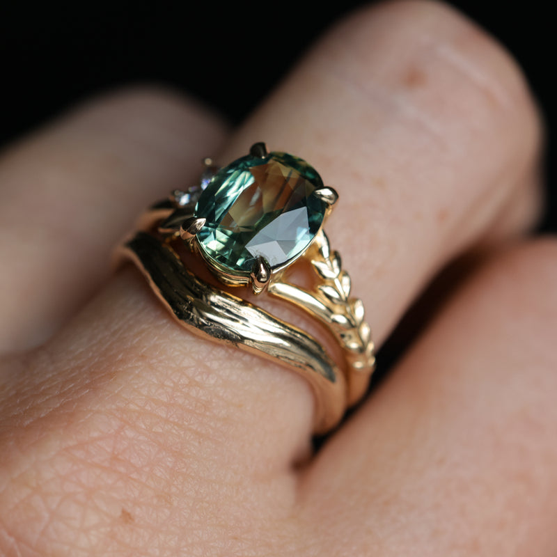 3.07ct Untreated Oval Madagascar Sapphire in Wandering Vine Low Profile 4 Prong Setting with Diamonds in 14k Yellow Gold