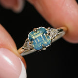 2.03ct Asscher Cut Untreated Sapphire and Trillion Diamond Antique Compass Set Low Profile Ring in 14k Green Gold