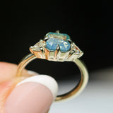 2.03ct Asscher Cut Untreated Sapphire and Trillion Diamond Antique Compass Set Low Profile Ring in 14k Green Gold