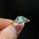2.03ct Asscher Cut Untreated Sapphire and Trillion Diamond Antique Compass Set Low Profile Ring in 14k Green Gold