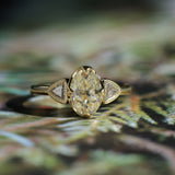 1.50ct Modern Old Mine Cut Oval Diamond Three Stone Ring with Trillion Side Diamonds Compass Set Low Profile Milgrain Antique Ring in 18K Yellow Gold