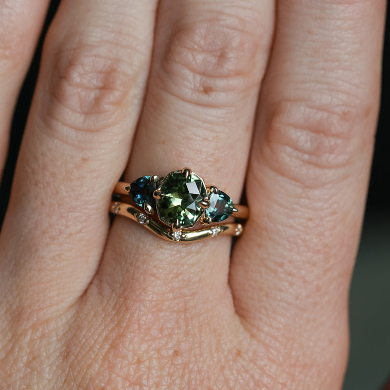 1.44ct Fancy Cushion Cut Australian Sapphire and Trillion Australian Sapphire Compass Set Low Profile Ring in 14k Yellow Gold