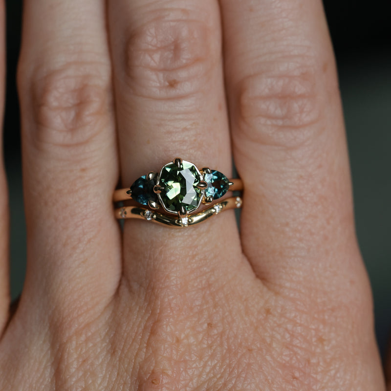 1.44ct Fancy Cushion Cut Australian Sapphire and Trillion Australian Sapphire Compass Set Low Profile Ring in 14k Yellow Gold