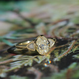 1.50ct Modern Old Mine Cut Oval Diamond Three Stone Ring with Trillion Side Diamonds Compass Set Low Profile Milgrain Antique Ring in 18K Yellow Gold