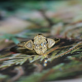 1.50ct Modern Old Mine Cut Oval Diamond Three Stone Ring with Trillion Side Diamonds Compass Set Low Profile Milgrain Antique Ring in 18K Yellow Gold