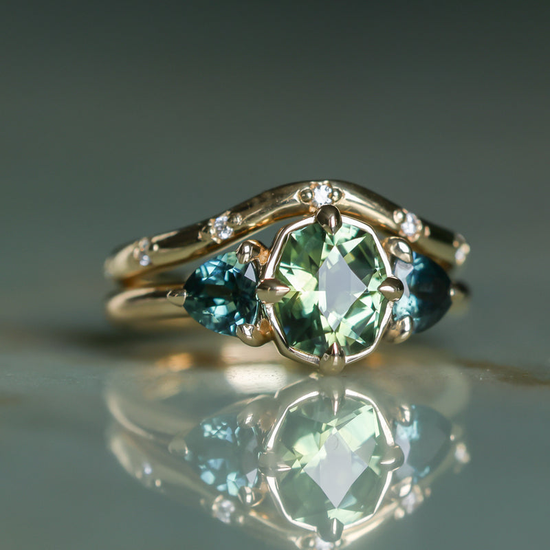 1.44ct Fancy Cushion Cut Australian Sapphire and Trillion Australian Sapphire Compass Set Low Profile Ring in 14k Yellow Gold