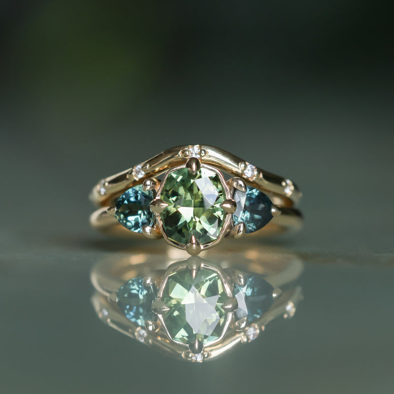 1.44ct Fancy Cushion Cut Australian Sapphire and Trillion Australian Sapphire Compass Set Low Profile Ring in 14k Yellow Gold