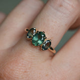 1.53ct Untreated Australian Oval Sapphire and Parti Oval Three Stone Low Profile Six Prong Ring in 14k Yellow Gold