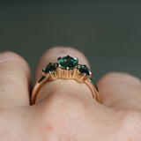 1.53ct Untreated Australian Oval Sapphire and Parti Oval Three Stone Low Profile Six Prong Ring in 14k Yellow Gold