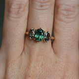 1.53ct Untreated Australian Oval Sapphire and Parti Oval Three Stone Low Profile Six Prong Ring in 14k Yellow Gold