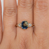 1.20ct Untreated Oval Parti Australian Fantasy Cut Sapphire and Natural Trillion Diamond Antique Milgrain Three Stone Low Profile Ring in 14k Yellow Gold