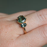 1.53ct Untreated Australian Oval Sapphire and Parti Oval Three Stone Low Profile Six Prong Ring in 14k Yellow Gold